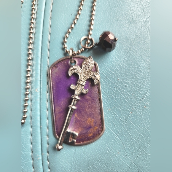 CHROME HEARTS Purple Pendant Rhinestones Fleur de Lis Silver Crystal Dog Tag 24" - Picture 5 of 16